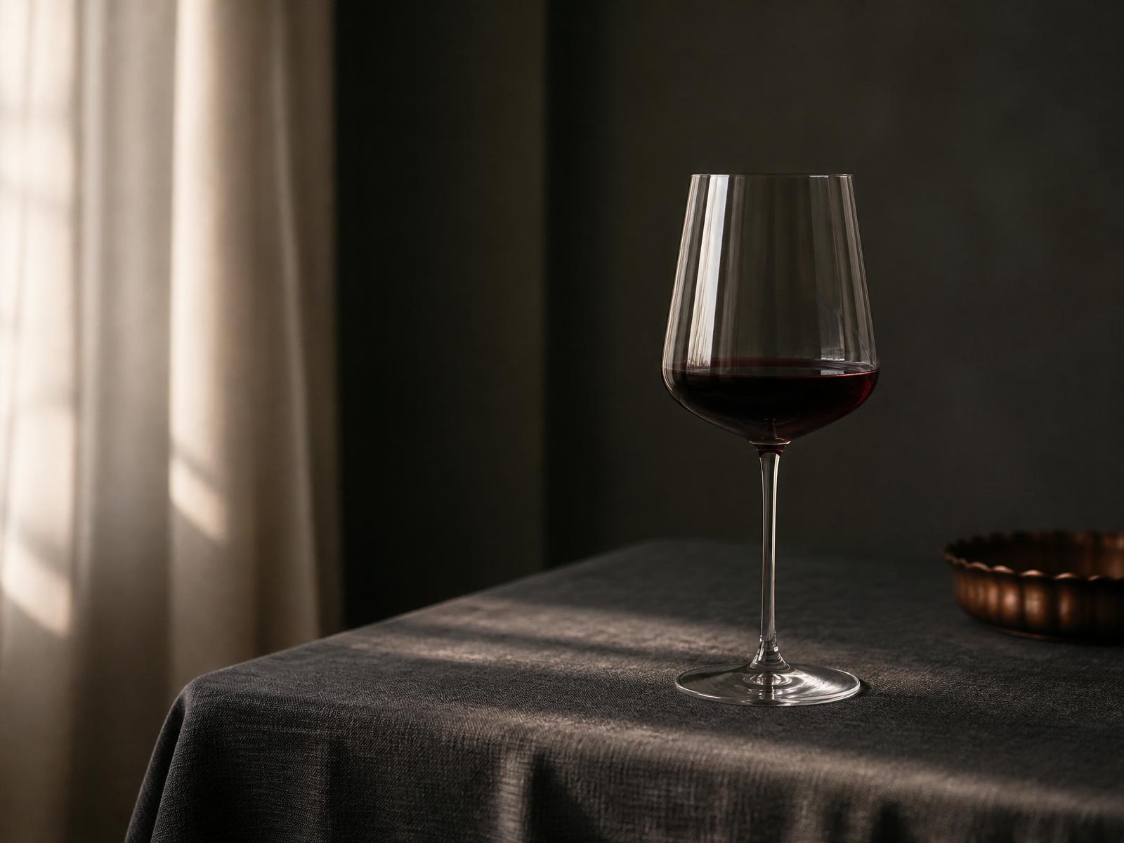 Copo de vinho tinto sobre linho carvão com luz de janela — natureza-morta editorial
