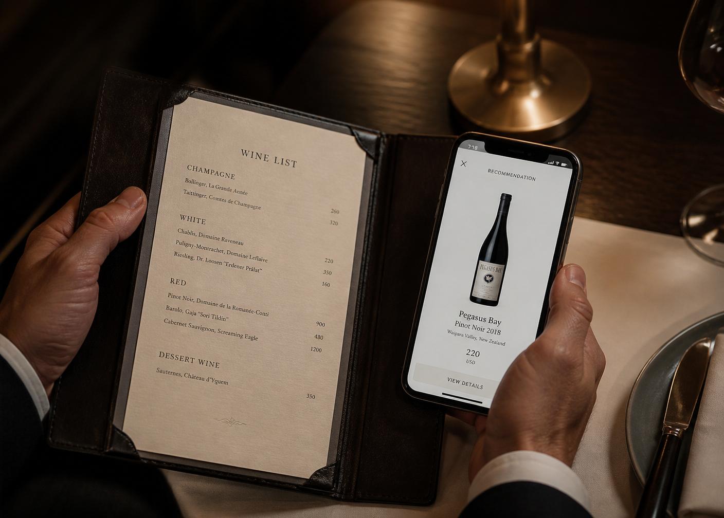 Sommelier segura carta de vinhos ao lado de smartphone com recomendação do PIPA